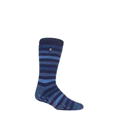 Image of Mens 1 Pair SOCKSHOP Heat Holders 2.3 TOG Plain and Patterned Slipper Socks Stripe Navy / Denim 6 11