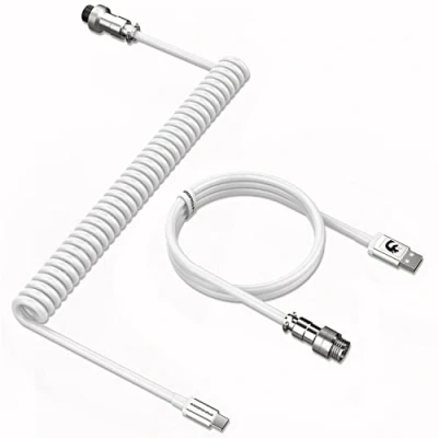 Image of MAMBASNAKE C01 Coiled Keyboard Cable, Pro Custom USB C Aviator Cable for Mechanical Keyboard, Type to A, TPU Spring with Detachable Metal Aviation Connector PC Gaming White