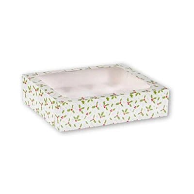 Image of Anniversary House Christmas Cupcake Box with Window and Removable 12 Hole Insert, Holly Print, Easy Assembly, 7.5 x 25 31 CM, J113