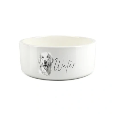 Image of Golden Retriever Pet Bowl Black &amp; White Portrait Large Ceramic Water Dish For Dogs