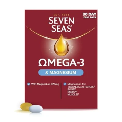Image of Seven Seas Omega 3 Fish Oil &amp; Magnesium, 500 mg + 300 3, 60 High Strength Tablets With Vitamin D 375 EPA DHA, Whole Body Health+, Duo Pack: 30 Capsules