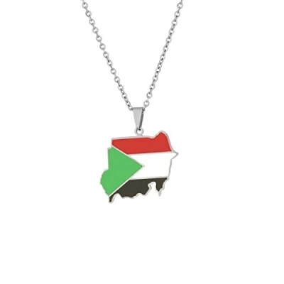 Image of Stylish Art Republic Of Sudan Map Pendant Necklaces Ethnic Pattern Flag Region Maps Collarbone Chain Hip Hop Trendy Jewelry For Women Men Sweater Chain,Silver,50 Cm