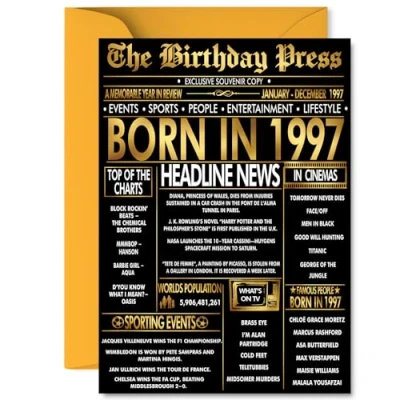 Image of Gold 28th Birthday Card for Men Women Black &amp; Golden Newspaper Born in 1997 Happy 28 Cards Sister Niece Son Auntie Husband Uncle, A5 Bday Greeting