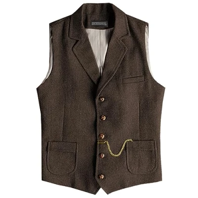 Image of Solovedress Mens Vintage Suit Waistcoat V Neck Wool Blend Regular Fit Vest for Wedding(Coffee,XXL)