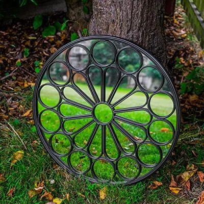Image of Woodside Ryton Decorative Outdoor Round Garden Mirror, Black Rustic Metal, Dia: 60cm