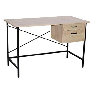 Image of Home Source Computer Desk Table, Laptop Study Workstation, Oak Effect Finish, 2 Drawers, Engineered Wood