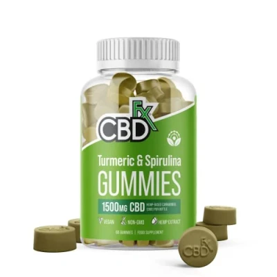 Image of CBDfx 1500mg CBD High Strength Vegan Turmeric and Spirulina Gummies, 25mg / 10mg per Gummy 60x Bottle (30 Days)