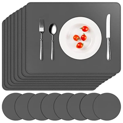 Image of APLKER Placemats and Coaster Sets 8, Faux Leather Waterproof Dual Sided Table Mats Non Slip Washable Christmas Place for Home Kitchen Restaurant, 41 * 31cm (Grey)