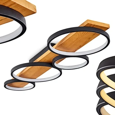 Image of LED Ceiling lamp Rodekro, dimmable Made of Metal/Wood in Black/Nature, dimmable, Wooden Element, 1 x 44 Watt, 3000K, 5100 Lumen