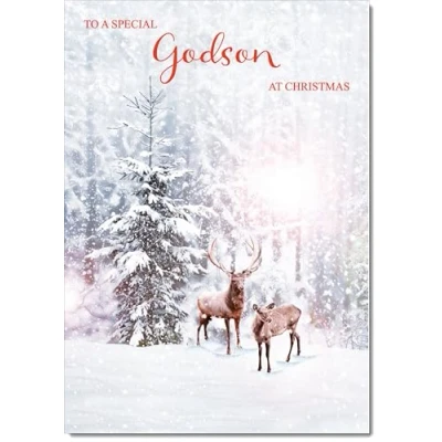 Image of doodlecards Godson Christmas Card Deer in Snow Forest Medium Size with Plain Envelope