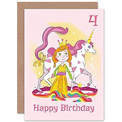 Image of Wee Blue Coo Unicorn Princess Magic 4th Birthday Greeting Card With Envelope Blank Inside Premium Quality
