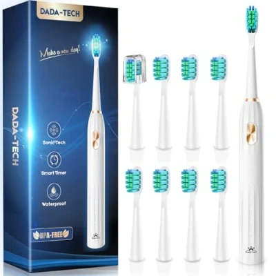 Image of Sonic Toothbrush, Electric Toothbrush Adults Kids Rechargeable with 9 Reminder Brush Heads 5 Cleaning Modes 2 Minute Timer Tooth (White)