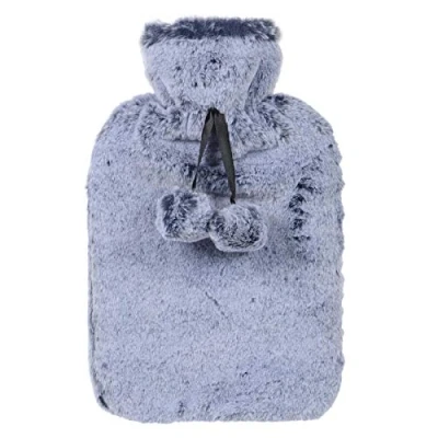 Image of Hodge and Large Hot Water Bottle with Faux Fur Cover &amp; Pom Poms for Thermotherapy Muscle Ache Tension Pain Relief Backache Neck Strain Shoulder Heat Therapy Bed Sofa 2 Litre Tone Ocean Blue