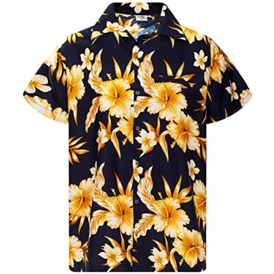 Image of King Kameha Funky Hawaiian Shirt, Men, Short Sleeve, Mono Flowers, Navyblue Yellow, 6XL