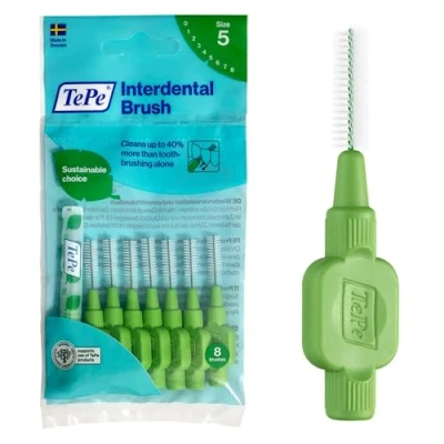 Image of TePe Interdental Brush, Original, Green, 0.8mm/ISO 5, 8pcs, Plaque Removal, efficient Clean Between The Teeth, Tooth Floss, for Small Gaps