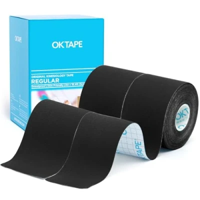 Image of OK Tape Kinesiology Basic Original Cotton Elastic Athletic for Support and Recovery, 5cmx5m Uncut Roll 2 Rolls,Black