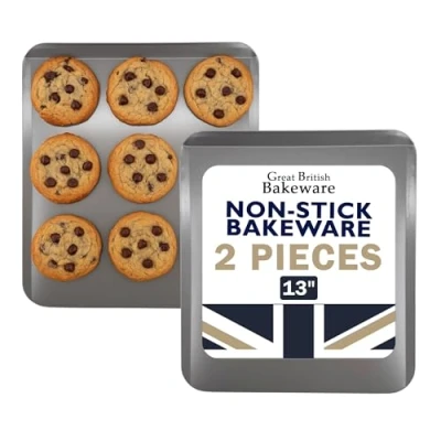 Image of 2X 33cm Slide Off Baking Cookie Sheet Tray Superior Double Coated Non Stick, Made in England