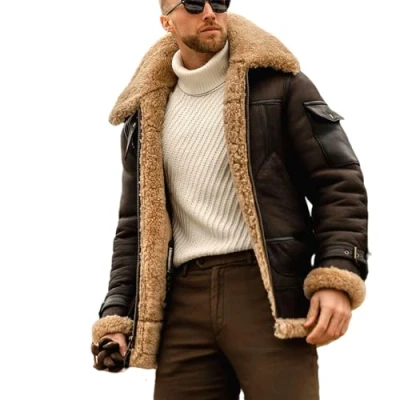 Image of EsukAr Mens Aviator Shearling Sheepskin Leather Bomber Flying Jacket,Curry Grey,4XL