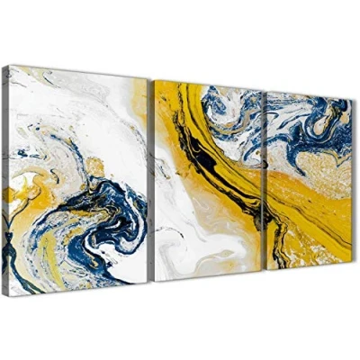 Image of 3 Piece Mustard Yellow and Blue Swirl Dining Room Canvas Pictures Decor Abstract 3469 126cm Set of Prints Wallfillers