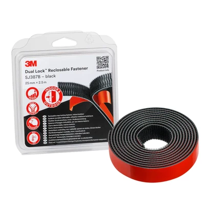 Image of 3M Dual Lock Reclosable Fastener SJ387B Provides adhesion to most powder coated paints, metals, glass, sealed wood, acrylic, polycarbonate and ABS 25 mm x 2.5 m, 6.1 mm, black (1 Blister Pack)