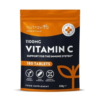 Image of Vitamin C Tablets 1100mg 180 Premium Vegan and Vegetarian 3 Month Supply High Strength Ascorbic Acid for The Immune System Letterbox Friendly Made in UK by Nutravita