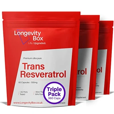 Image of Longevity Box Trans Resveratrol Supplement 180 Capsules, 1000mg per Serving, 99% Pure Resveratrol, 3rd Party Certified, Optimized Antioxidant Supplement, Vegan Friendly &amp; Non GMO