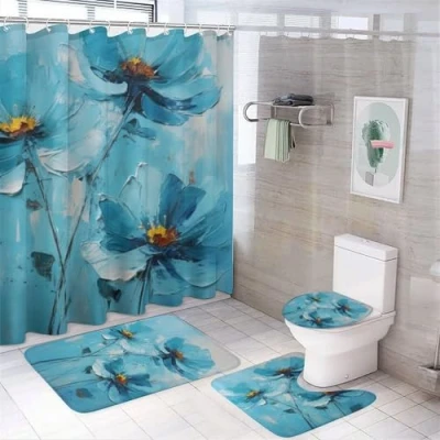 Image of 4Pcs Rustic Flowers Shower Curtain Sets with Non Slip Rugs, Toilet Lid Cover And U Shape Bath Mat, Watercolor Blue Floral Painting Bathroom Waterproof Curtains 12 Hooks