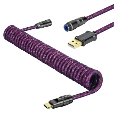 Image of MAMBASNAKE C05 Custom Coiled Aviator USB C Cable for Gaming Keyboard, Nylon Braided, A to C, Double Sleeved Mechanical Keyboard Cable, Detachable CNC Metal Aviation Connector, 4.92ft Rose Red