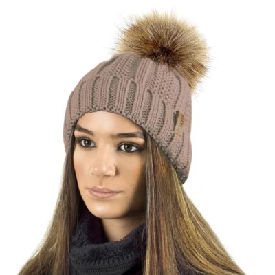 Image of TOSKATOK Ladies Womens Winter Rib Seed Stitch Beanie Bobble HAT with Warm Cosy Fleece Liner &amp; Large Faux Fur Pom Camel