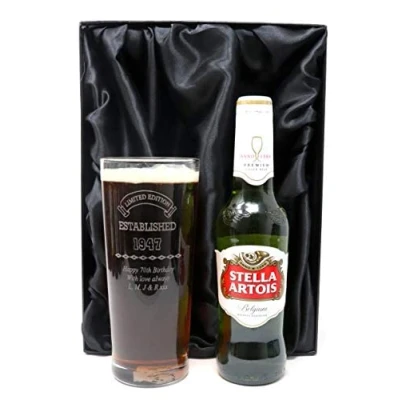 Image of Regalo Personalised Engraved Established Birthday Pint Beer Glass &amp; Bottle Gift Set for Son on his 18th or 21st (S/Artois Premium Lager Beer, Silk Lined Box) 4.6% vol