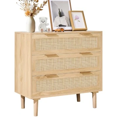 Image of VEVOR 3 Drawer Rattan Dresser, Natural Closet Dresser with Drawers, Modern Wood Chest Clothing Organizer &amp; Storage Boho Sturdy Handles Legs, for Bedroom, Living Room Hallway