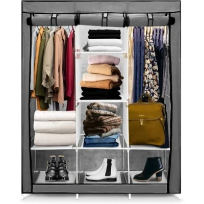 Image of DWELLTON Canvas Wardrobe, 175 x 130 45 cm, Bedroom Furniture Cupboard, Clothes Storage Organiser, Wardrobe for Bedroom, Organiser (Burgundy)