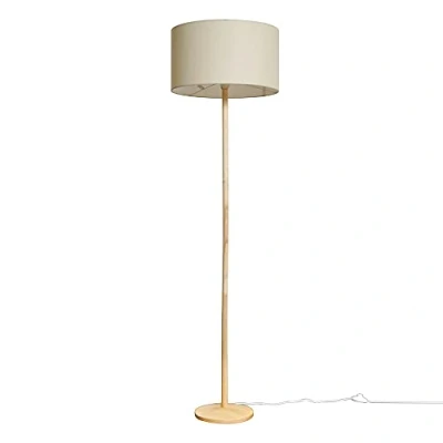 Image of MiniSun Single Stem Natural Light Wood Floor Lamp with a Beige Drum Shade