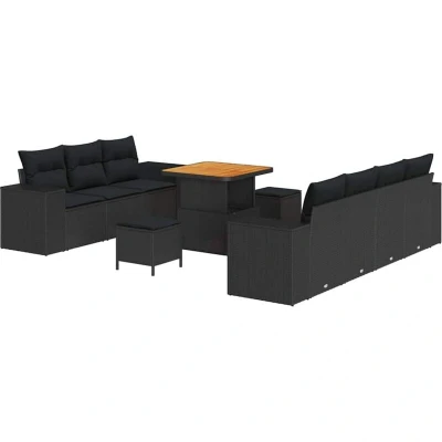Image of vidaXL 10 Piece Garden Sofa Set with Cushions Black Poly Rattan Acacia