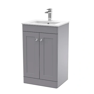 Image of nuie Floor Standing 2 Door Unit &amp; Minimalist Ceramic Basin, 500mm, Satin Grey