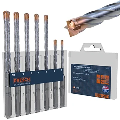 Image of Presch SDS plus Carbide Drill Bit Set X4 7 pcs Reinforced Concrete with 4 Cutting Edges and Dowel Length Indicator for Concrete, Granite, Brick, Masonry Ø 5 10mm