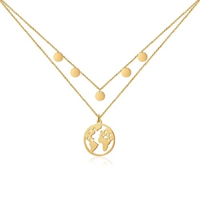 Image of GD GOOD.designs EST. 2015 Globe Necklace Gold with Plates Multi row for Ladies Waterproof I Layering World Map and Coins Travel Double Chain