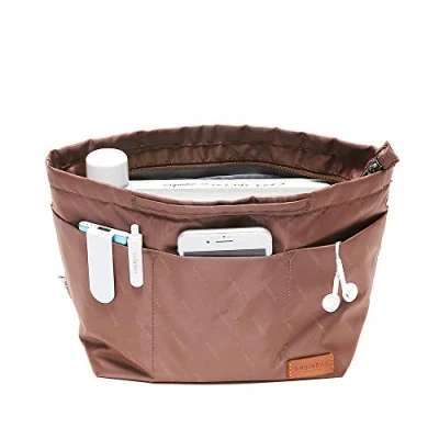 Image of iN. Purse organiser insert with zip, nylon fabric storage bag handles, for women&#039;s handbags and tote bags, neverfull, lightweight large sized brown.