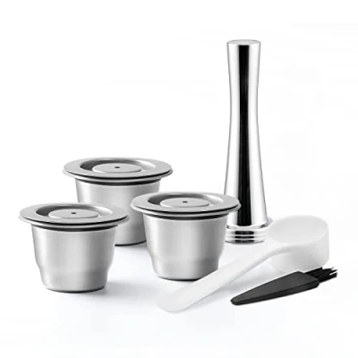 Image of RECAFIMIL Reusable Coffee Pods 3 Pcs Nespresso Capsules with Tamper Stainless Steel Refillable Compatible for Machine