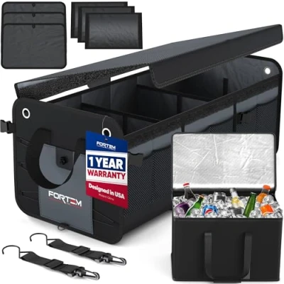 Image of FORTEM Car Boot Organiser, Tidy, Storage, Collapsible Multi Compartment Non Slip Bottom, Adjustable Securing Straps, Soft Cover (3 Compartments w/Cooler, Grey)