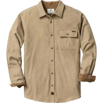 Image of Legendary Whitetails Men&#039;s Buck Camp Flannel, Long Sleeve Plaid Button Down Casual Shirt, Corduroy Cuffs, Sand Heather, XL Tall