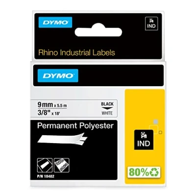 Image of DYMO Rhino Industrial Permanent Polyester Labels , 9 mm x 3.5 m Black Print on White Self Adhesive for LabelManager &amp; Label Makers