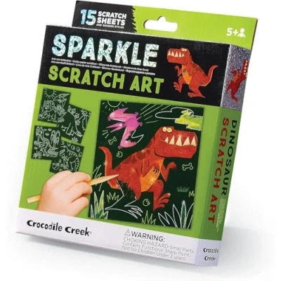 Image of Crocodile Creek Dinosaur Themed Scratch Art for Kids Ages 5 years and Up Fun Educational Kit includes 15 Sheets, Wodden Stylus, Cards &amp; Pages