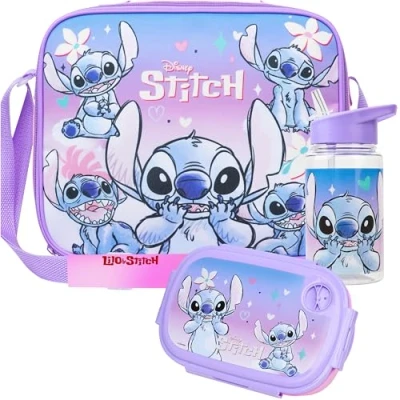Image of Get Trend Disney Stitch Water Bottle Lunch Bag and Box Kids Set 3 Pcs School Supplies Snack BPA Free Leakproof for Travel Picnic Holiday (Multi Stitch)