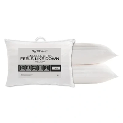 Image of Night Comfort Satin Stripe White Pillow Hypoallergenic Firm Support, Microfibre Pillows for Side Sleepers, Filled with Bouncy Hollowfibre, Big Bed (Pack of 2)