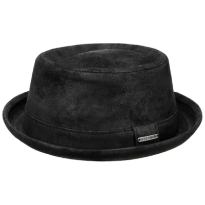 Image of Stetson Pennsylvania Mens Pigskin Leather Pork Pie hat Lined Summer/Winter Fedora with pre Distressed Look Black XXL (62 63 cm)