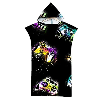 Image of Adults Hooded Towel Poncho,Changing Robe Towel,Men Women Teen Boy Girls Design Beach Poncho,Holidays,Swimming,Surfing,Bathing,Travel Microfibre Swim Towels (Game black)