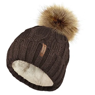 Image of TOSKATOK Ladies Chunky Soft Cable Knit Hat with Cosy Fleece Liner and Detachable Faux Fur Pompom Chocolate