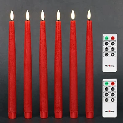 Image of Rhytsing 29cm Flameless Taper Candles with Timer, Battery Operated Dinner Table Long Candlestick Rustic Wax, Warm White LED, 2 Remotes Included Set of 6 (Red)