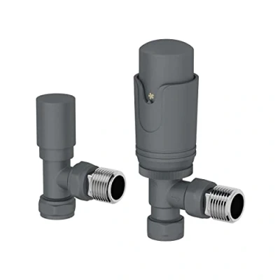 Image of DuraTherm® Thermostatic Radiator Valve Pack Set, 15mm Lockshield TRV &amp; Thermostat, Anthracite Grey Valves for Radiators, Angled
